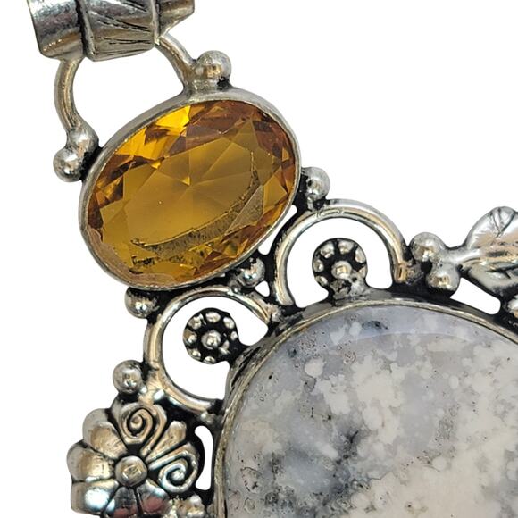 Dendritic Agate Pendant with Yellow Gems – Ornate Sterling Silver Necklace - Picture 5 of 10